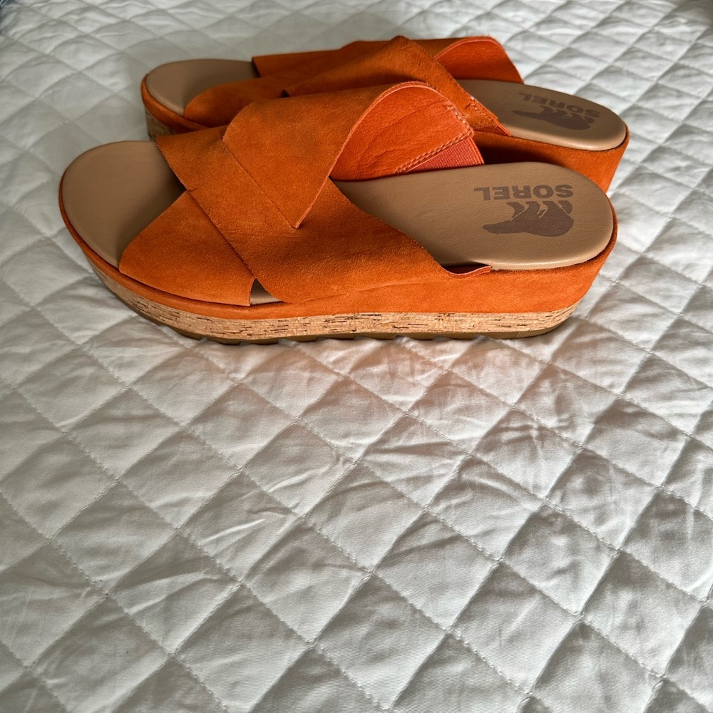 Sorel Vibrant Orange Suede Platform Slides